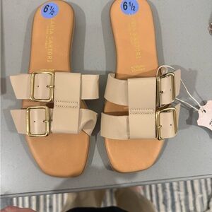 Cream Double-Buckle Leather Slide Sandals